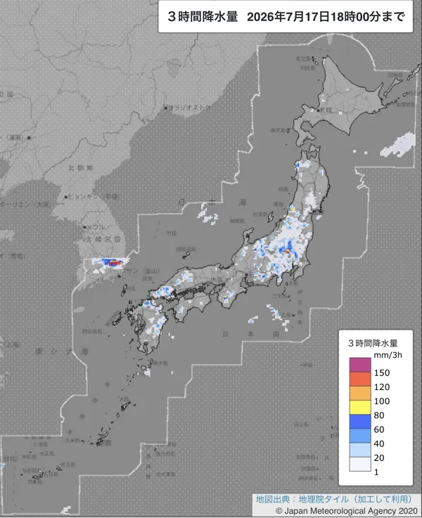 2026年7月17日15〜18時の日本周辺の3時間解析降水量