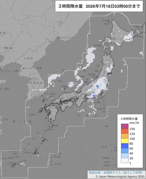 2026年7月18日0〜3時の日本周辺の3時間解析降水量