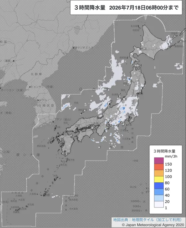 2026年7月18日3〜6時の日本周辺の3時間解析降水量