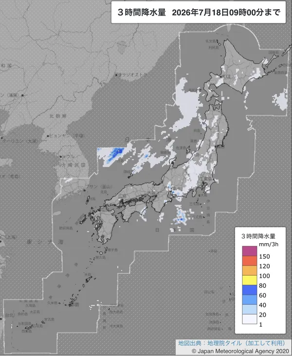 2026年7月18日6〜9時の日本周辺の3時間解析降水量