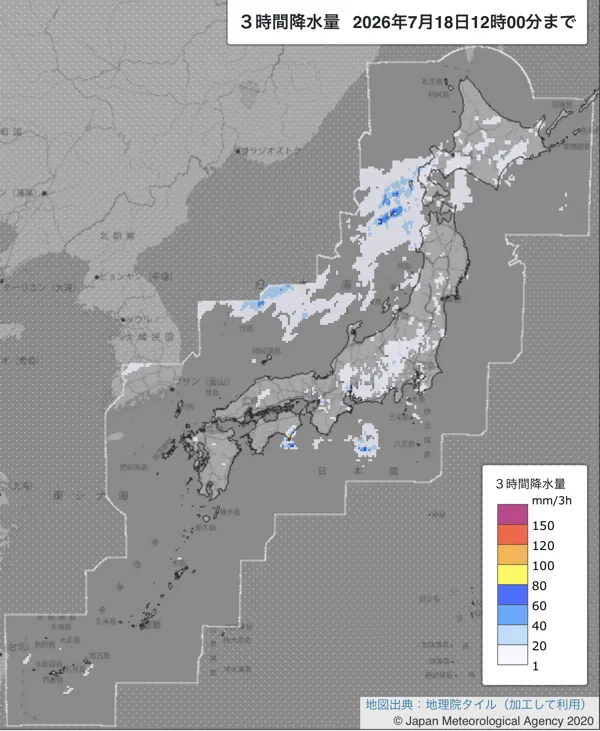 2026年7月18日9〜12時の日本周辺の3時間解析降水量