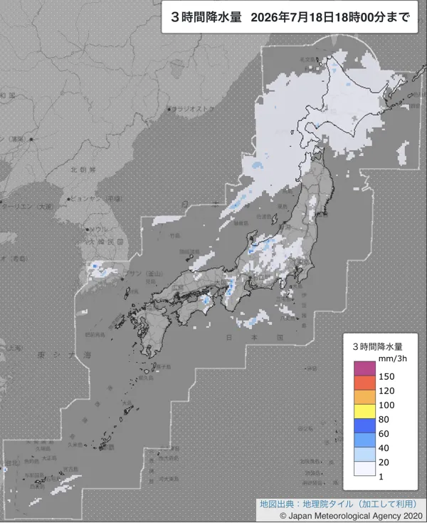 2026年7月18日15〜18時の日本周辺の3時間解析降水量