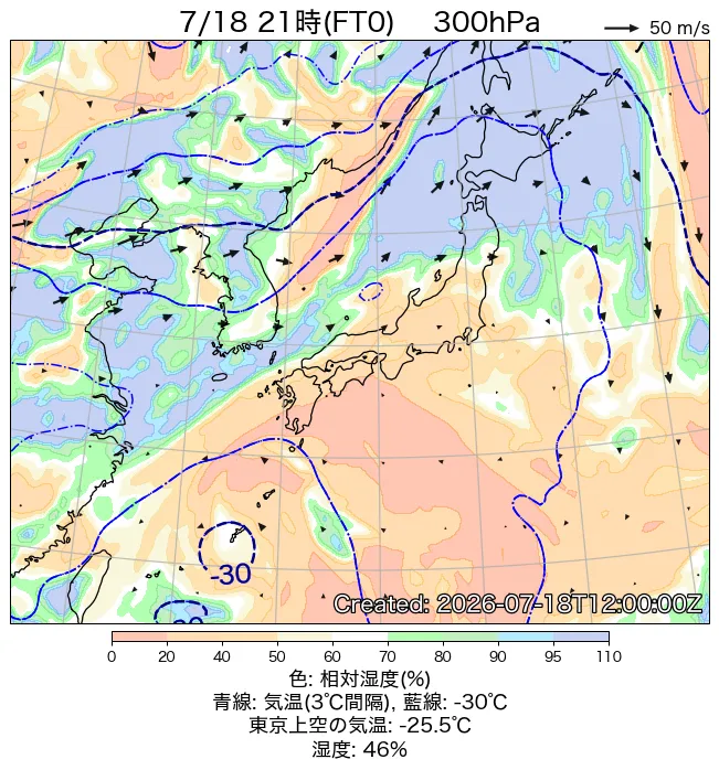 2026年7月18日の日本周辺の300hPa天気図（21時）