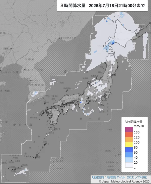 2026年7月18日18〜21時の日本周辺の3時間解析降水量