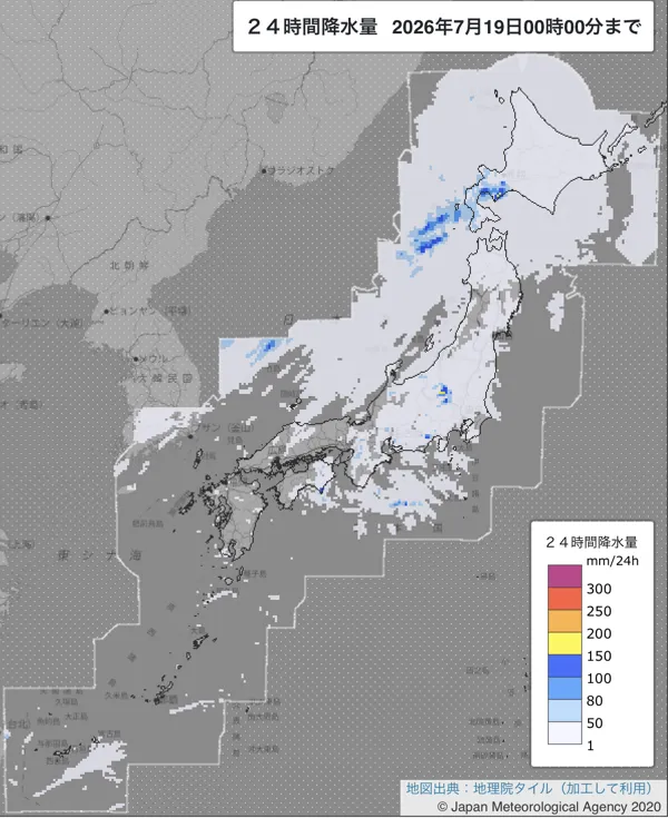 2026年7月18日の日本周辺の日解析雨量の図