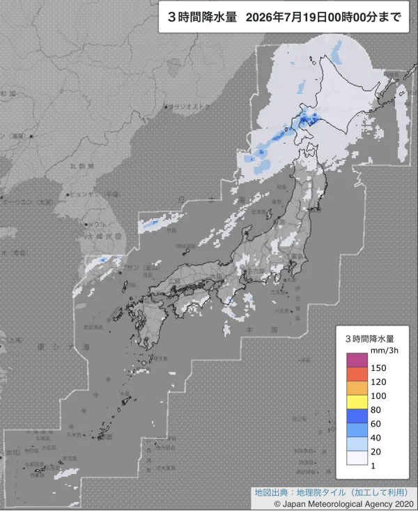 2026年7月18日21〜24時の日本周辺の3時間解析降水量