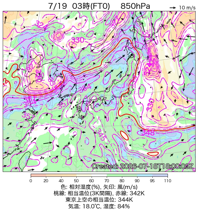 2026年7月19日の日本周辺の850hPa天気図（3時）