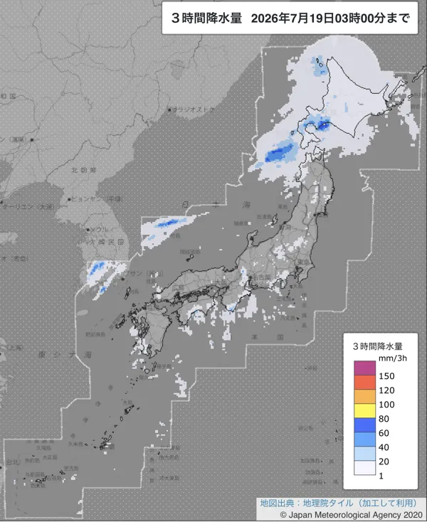 2026年7月19日0〜3時の日本周辺の3時間解析降水量
