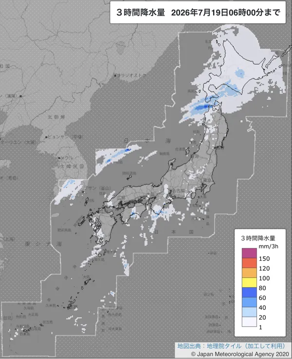2026年7月19日3〜6時の日本周辺の3時間解析降水量