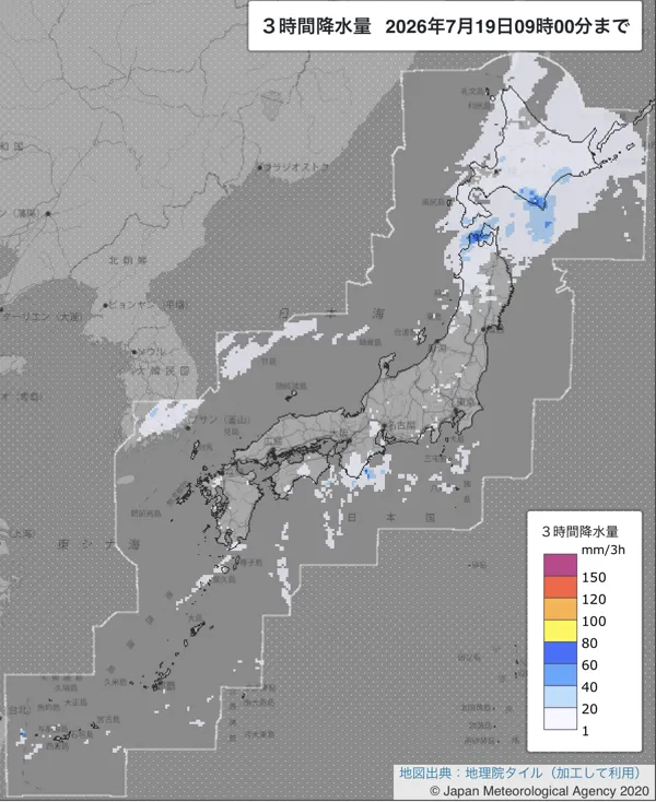 2026年7月19日6〜9時の日本周辺の3時間解析降水量