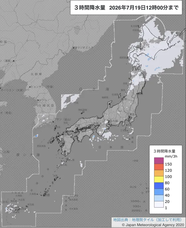 2026年7月19日9〜12時の日本周辺の3時間解析降水量
