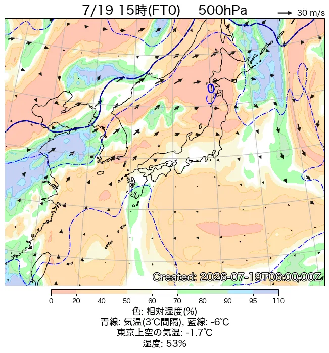 2026年7月19日の日本周辺の500hPa天気図（15時）