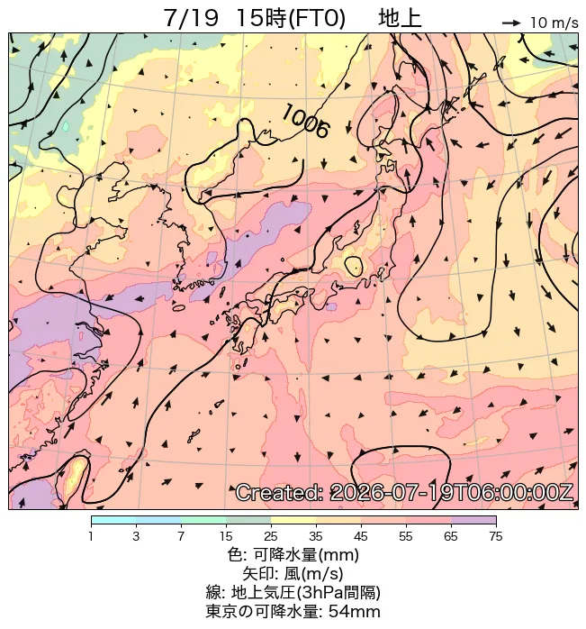 2026年7月19日の日本周辺の地上天気図（15時）