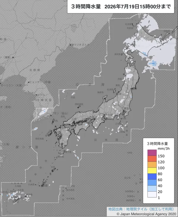 2026年7月19日12〜15時の日本周辺の3時間解析降水量