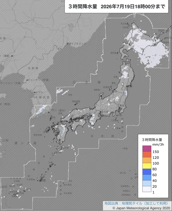 2026年7月19日15〜18時の日本周辺の3時間解析降水量