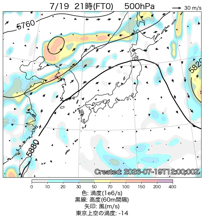 2026年7月19日の日本周辺の500hPa天気図（21時）