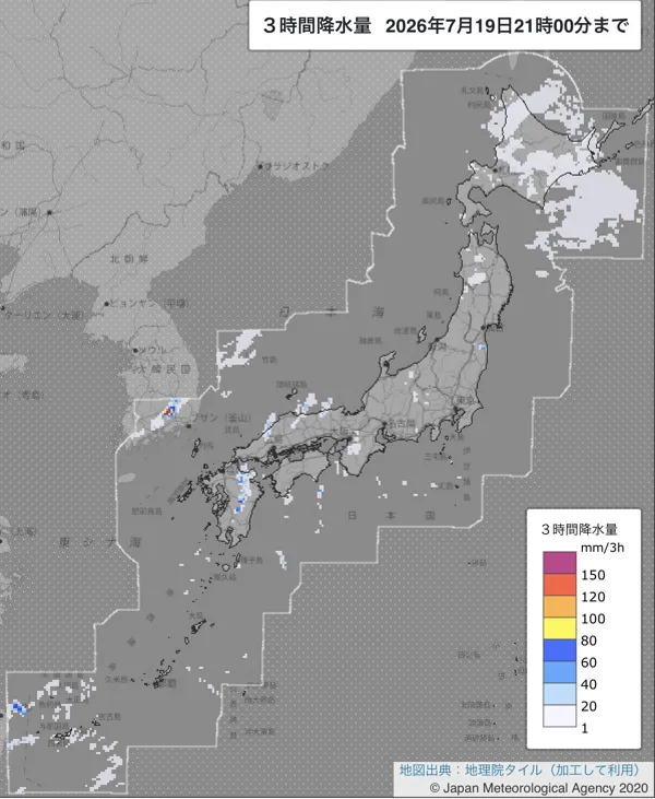 2026年7月19日18〜21時の日本周辺の3時間解析降水量
