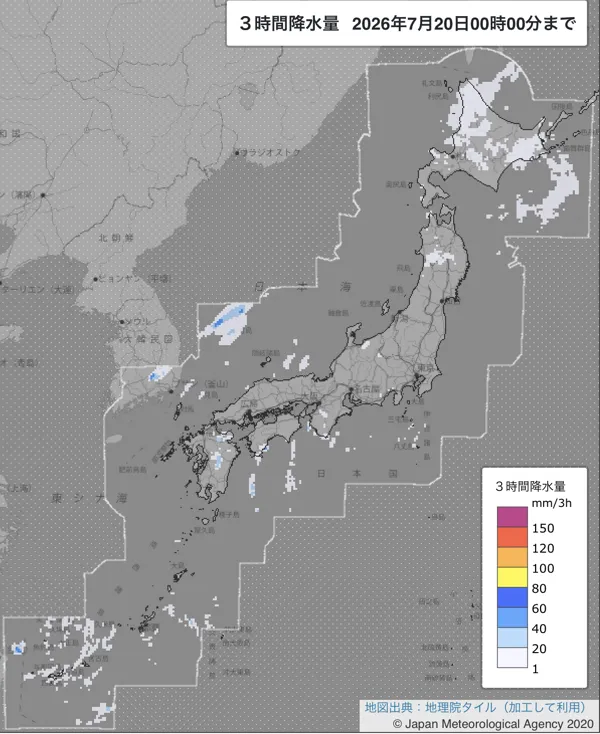 2026年7月19日21〜24時の日本周辺の3時間解析降水量