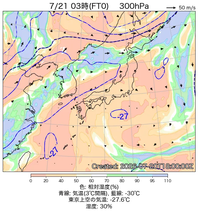 2026年7月21日の日本周辺の300hPa天気図（3時）