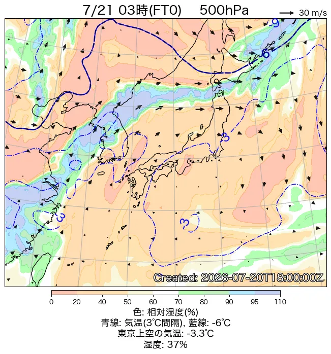 2026年7月21日の日本周辺の500hPa天気図（3時）