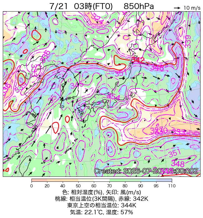 2026年7月21日の日本周辺の850hPa天気図（3時）