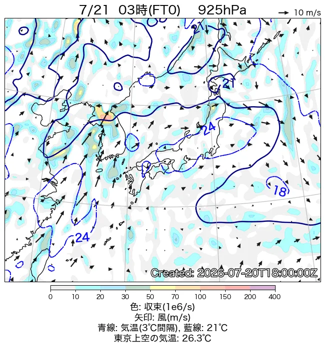2026年7月21日の日本周辺の925hPa天気図（3時）
