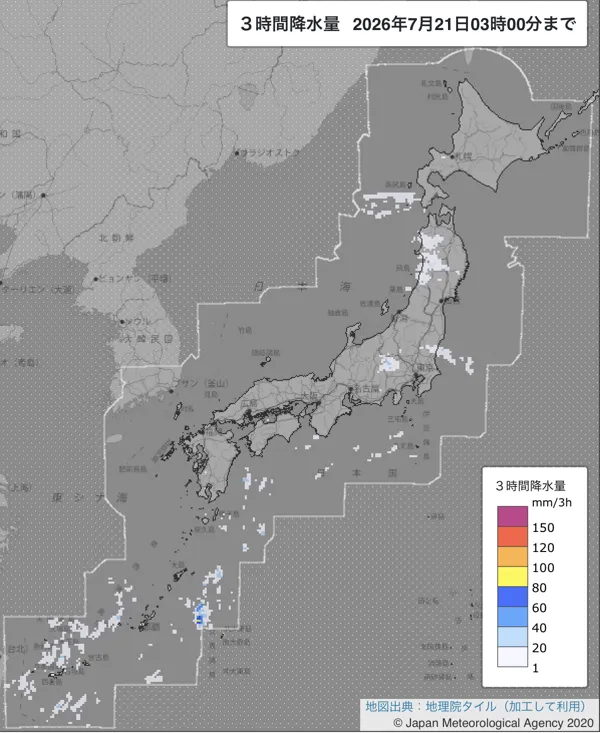 2026年7月21日0〜3時の日本周辺の3時間解析降水量