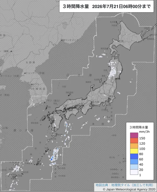 2026年7月21日3〜6時の日本周辺の3時間解析降水量