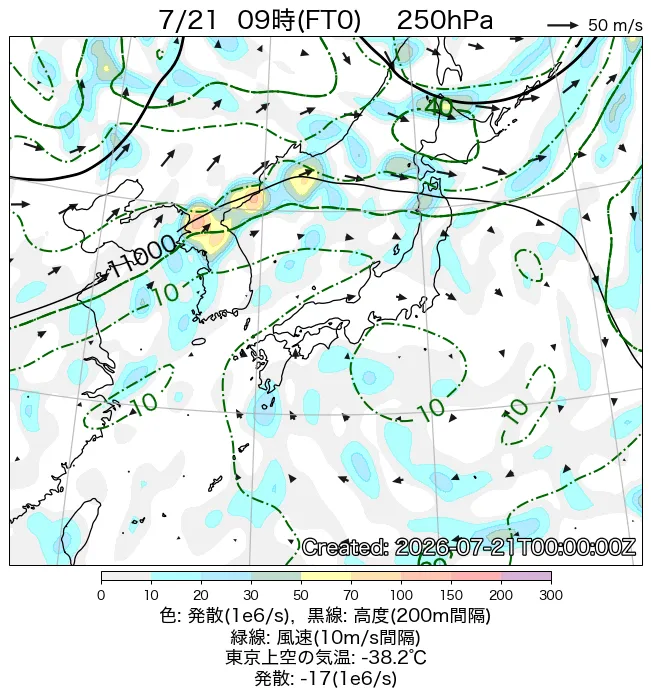 2026年7月21日の日本周辺の250hPa天気図（9時）