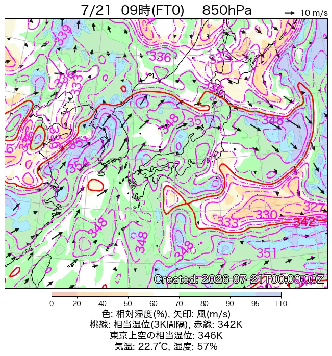 2026年7月21日の日本周辺の850hPa天気図（9時）