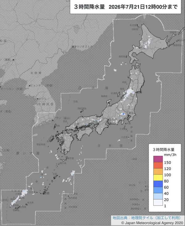 2026年7月21日9〜12時の日本周辺の3時間解析降水量
