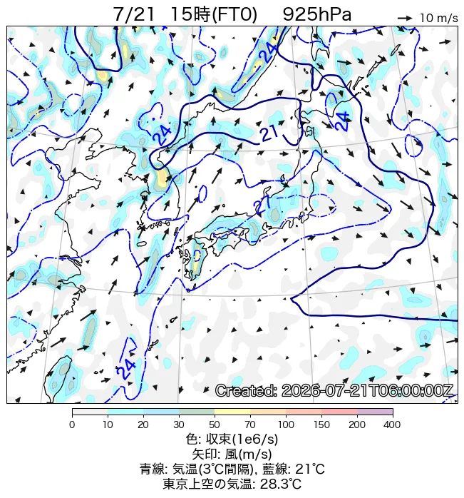 2026年7月21日の日本周辺の925hPa天気図（15時）