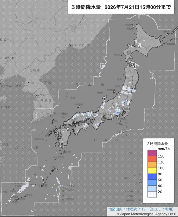 2026年7月21日12〜15時の日本周辺の3時間解析降水量