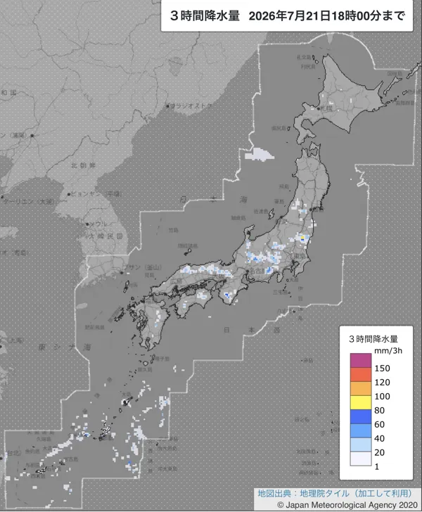 2026年7月21日15〜18時の日本周辺の3時間解析降水量