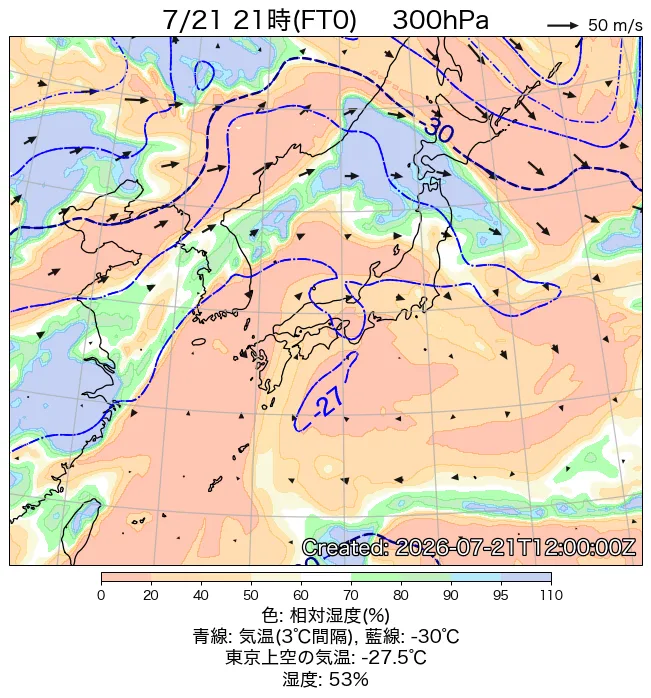 2026年7月21日の日本周辺の300hPa天気図（21時）