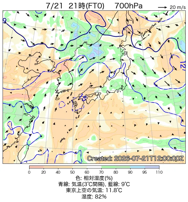 2026年7月21日の日本周辺の700hPa天気図（21時）