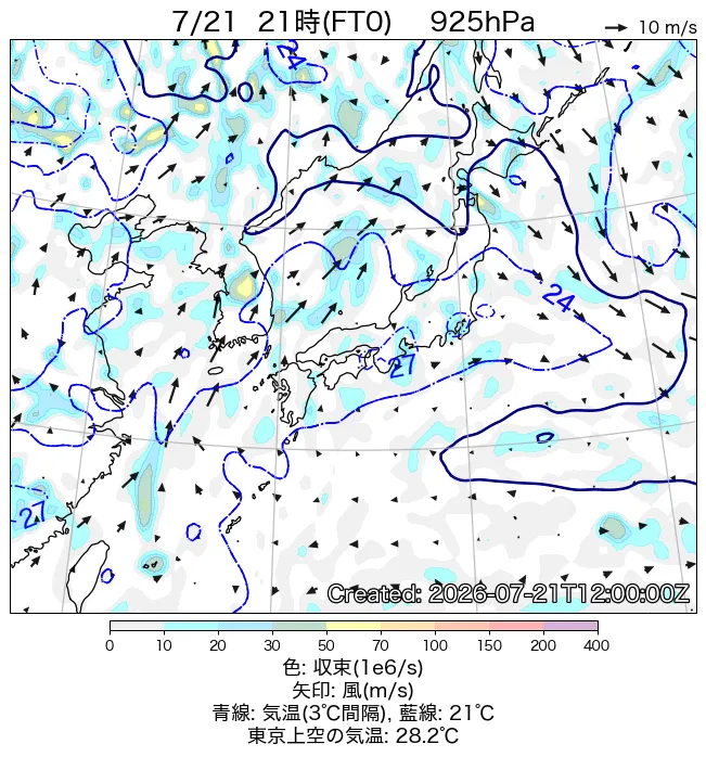 2026年7月21日の日本周辺の925hPa天気図（21時）