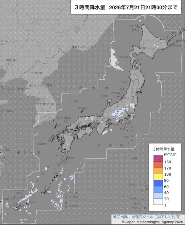 2026年7月21日18〜21時の日本周辺の3時間解析降水量