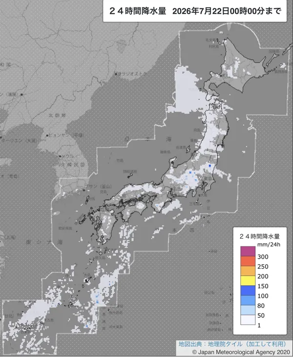 2026年7月21日の日本周辺の日解析雨量の図