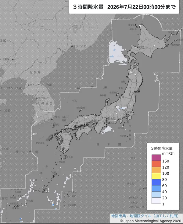 2026年7月21日21〜24時の日本周辺の3時間解析降水量