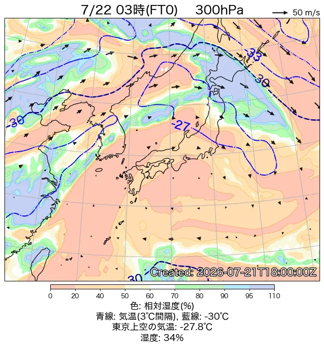 2026年7月22日の日本周辺の300hPa天気図（3時）