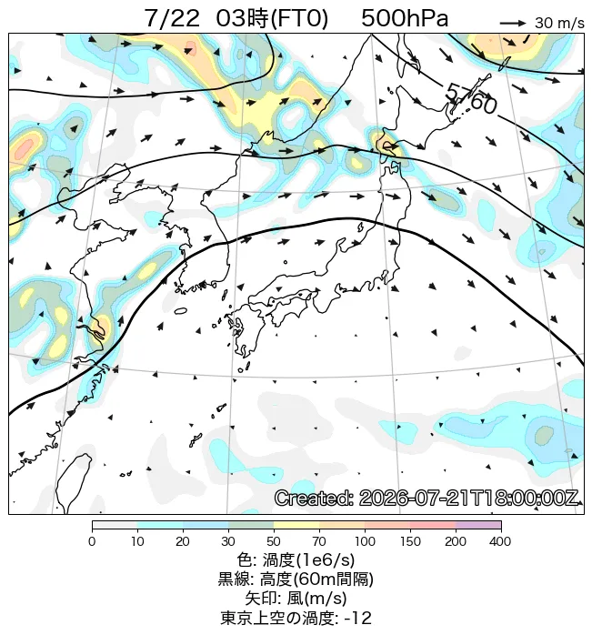 2026年7月22日の日本周辺の500hPa天気図（3時）