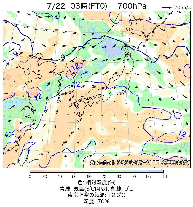 2026年7月22日の日本周辺の700hPa天気図（3時）