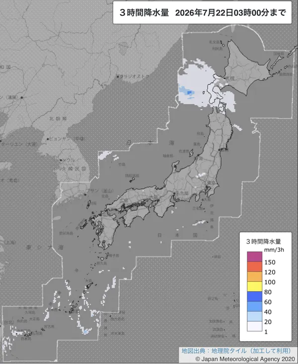 2026年7月22日0〜3時の日本周辺の3時間解析降水量