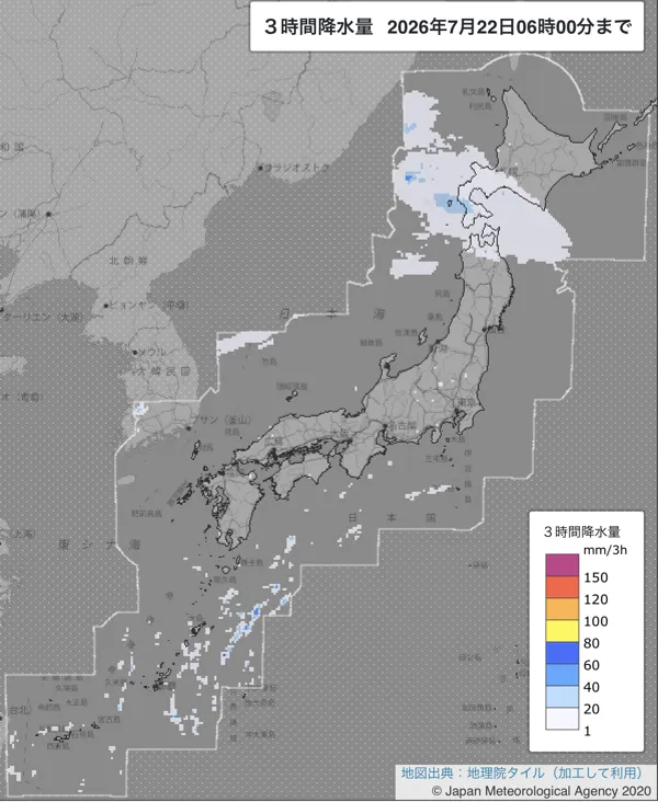 2026年7月22日3〜6時の日本周辺の3時間解析降水量