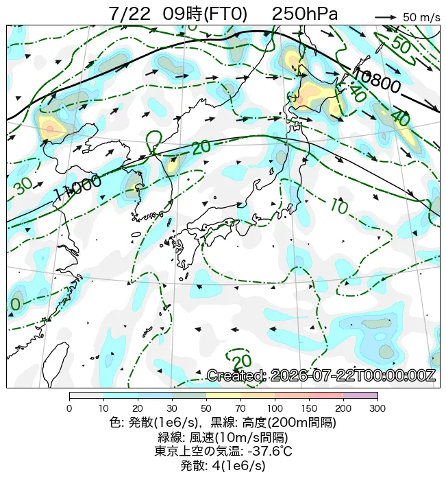 2026年7月22日の日本周辺の250hPa天気図（9時）
