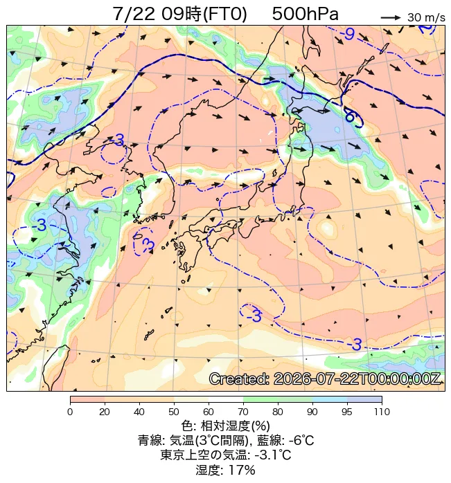 2026年7月22日の日本周辺の500hPa天気図（9時）