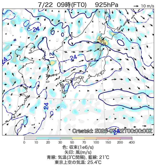2026年7月22日の日本周辺の925hPa天気図（9時）