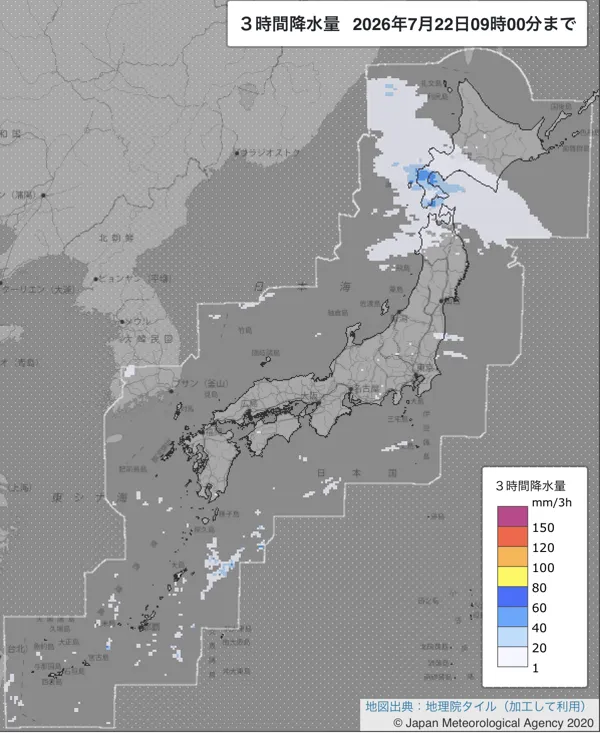 2026年7月22日6〜9時の日本周辺の3時間解析降水量
