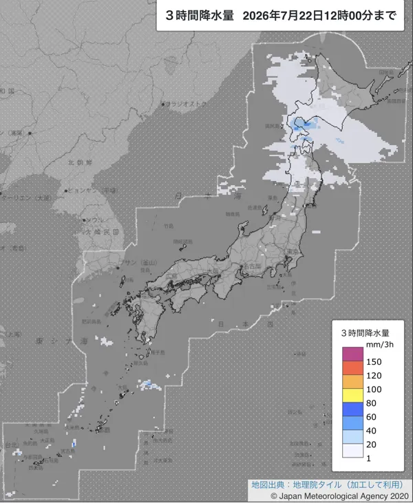 2026年7月22日9〜12時の日本周辺の3時間解析降水量